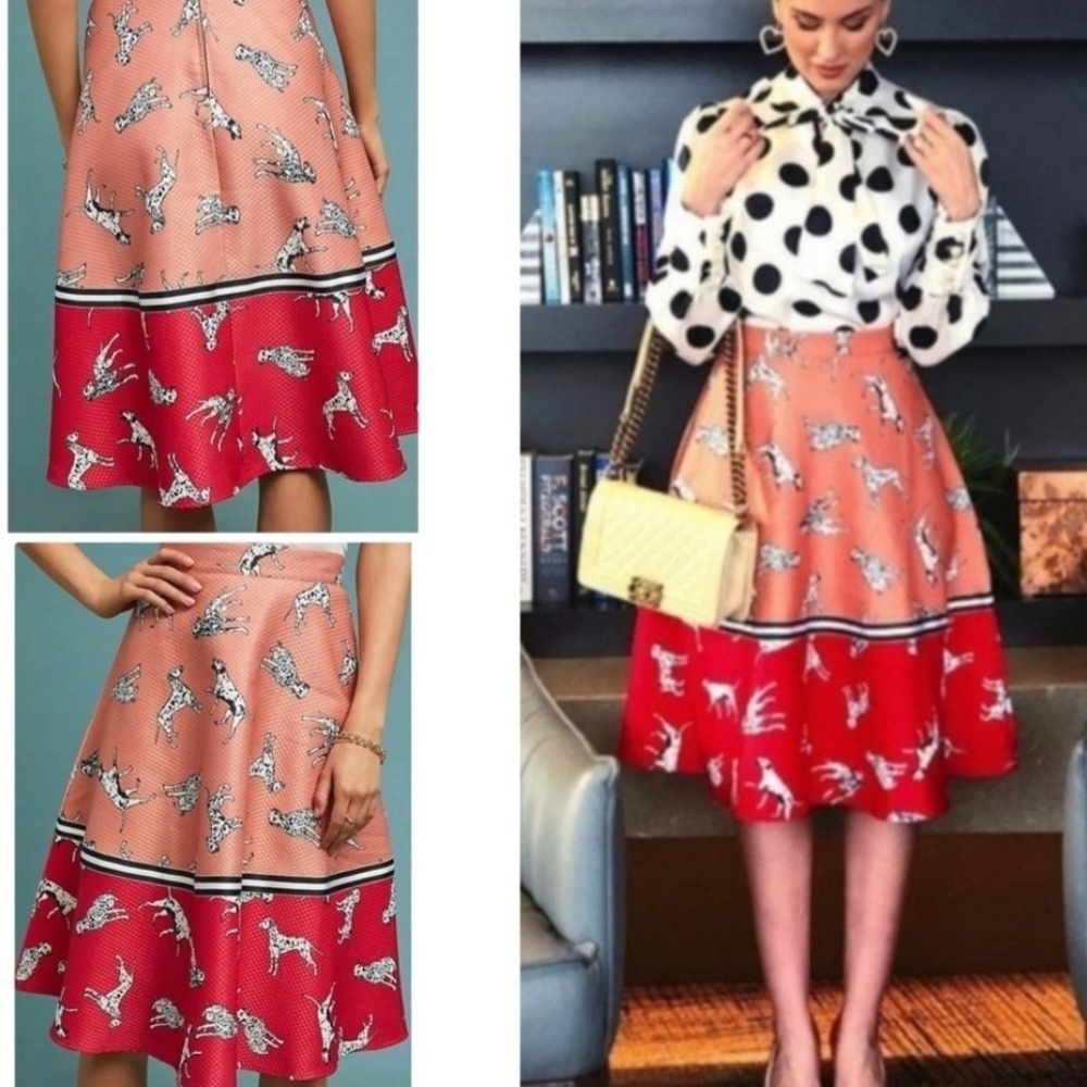 Hutch Orange and Pink Midi A-Line Skirt with Dalmatians